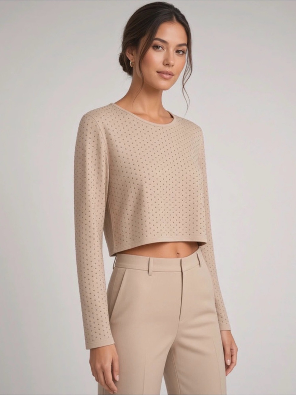 Haute Monde Neutral Beige Perforated Cropped Long-Sleeve Top